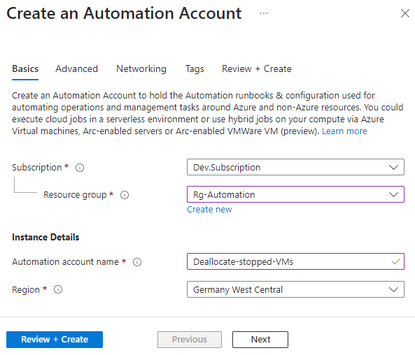 Azure Support - Automation Accounts creation